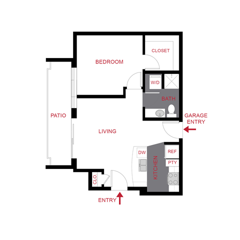 A floor plan of a house with a living room, dining room, kitchen, bathroom, bedroom, and garage.